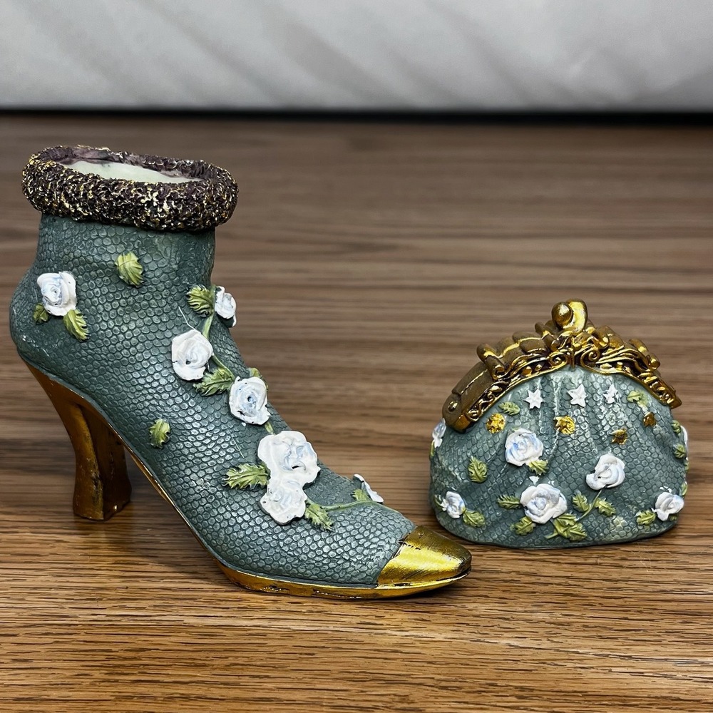 Greenbrier Polystone Shoe and Purse Figurine Set Green Floral Vintage Aesthetic